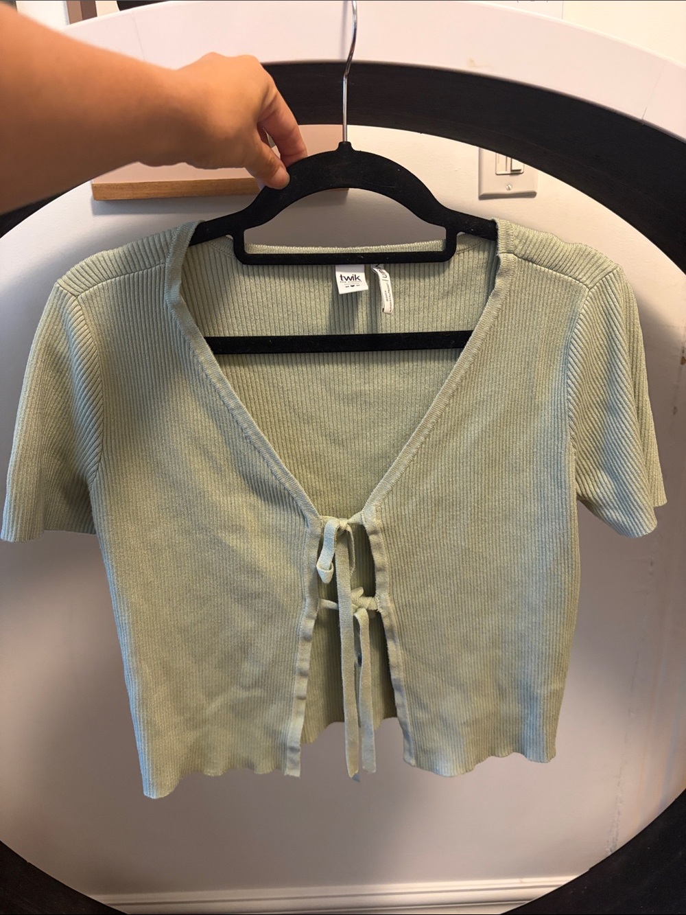 twik Sage Green Ribbed Tie-Front Crop Top